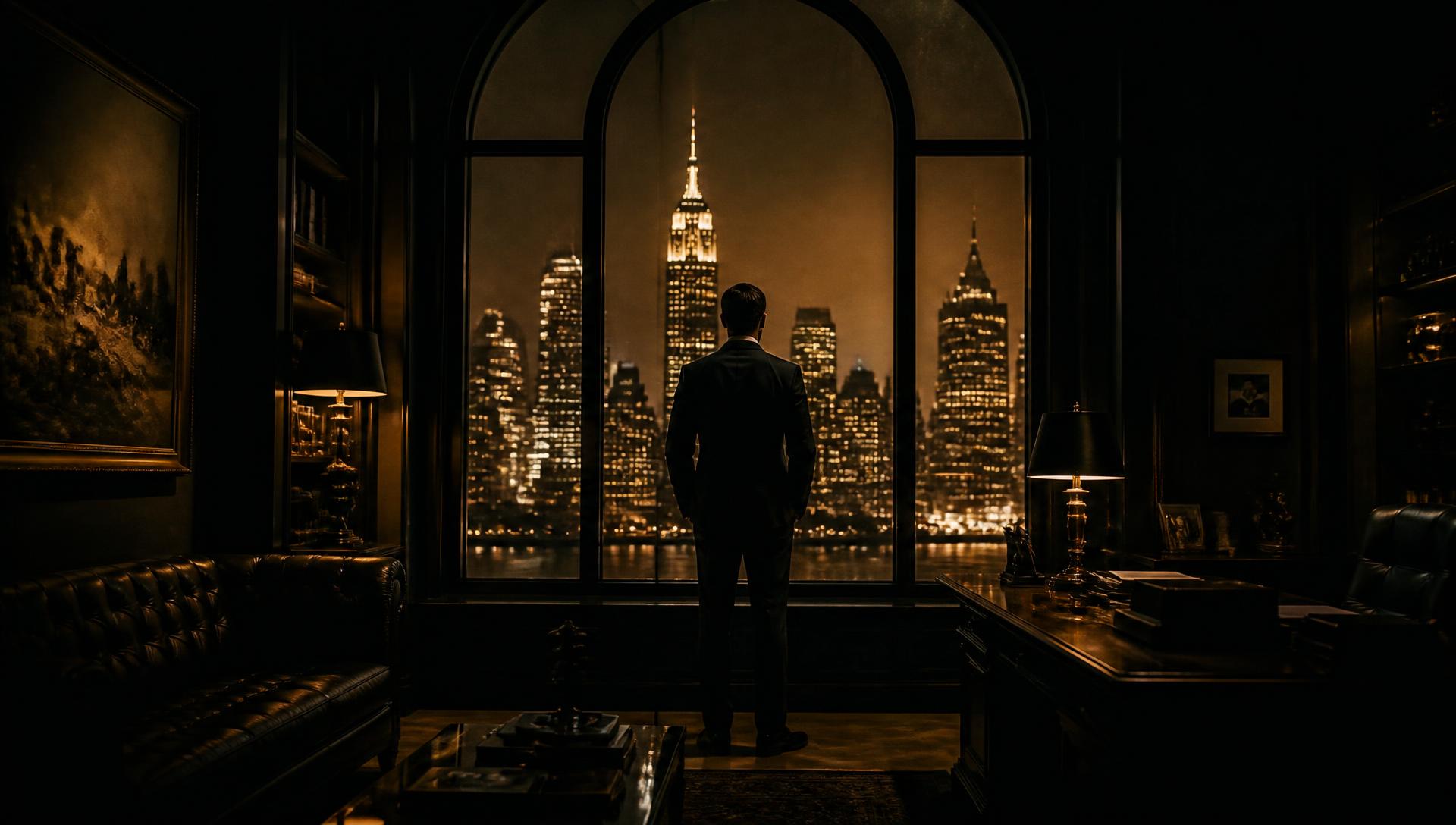 Executivo observando a cidade à noite de um escritório luxuoso